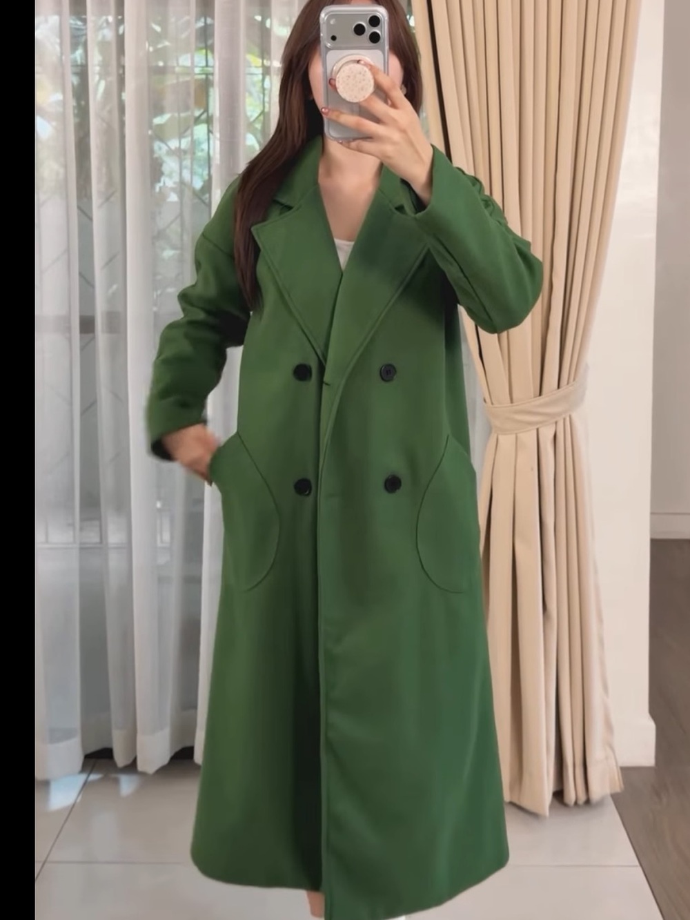 Women's Double-Breasted Green Long Coat